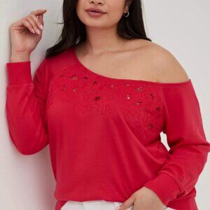Torrid Off-Shoulder French Terry Embroidered Sweatshirt in Pink Berry - Size 1